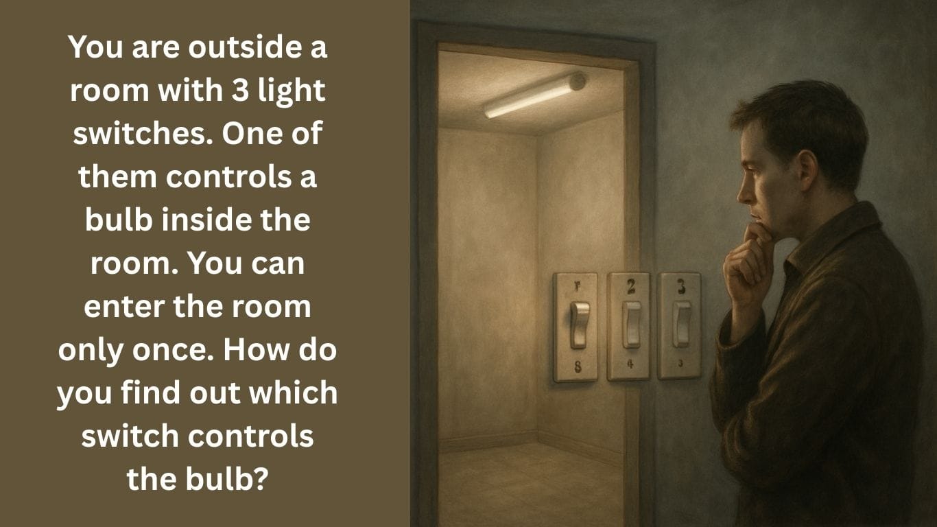 You are outside a room with 3 light switches. One of them controls a bulb inside the room. You can enter the room only once. How do you find out which switch controls the bulb?